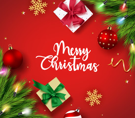 Fototapeta na wymiar Christmas greeting vector background template. Merry christmas text with elements of gifts, balls, snowflakes, pine leaves, confetti and colorful lights in red background. Vector illustration.