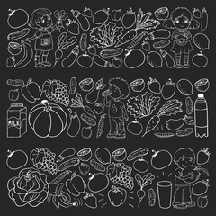 Vector pattern with children eating healthy food. Fruits and vegetables. Kids like milk, dairy products. Pattern for store, mall, menu, cafe, restaurants.
