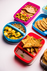group of Lunch Box / Tiffin for Indian kids, showing variety or multiple option or combination of healthy food for your school going children