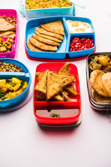 group of Lunch Box / Tiffin for Indian kids, showing variety or multiple option or combination of healthy food for your school going children