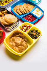 group of Lunch Box / Tiffin for Indian kids, showing variety or multiple option or combination of healthy food for your school going children