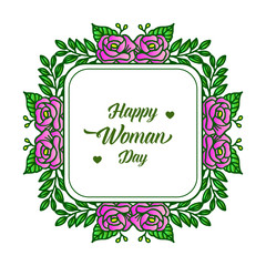 Lettering happy woman day hand drawn, with beautiful purple flower frame. Vector