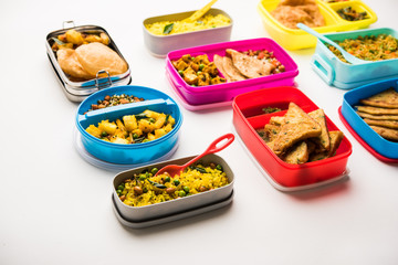 group of Lunch Box / Tiffin for Indian kids, showing variety or multiple option or combination of healthy food for your school going children