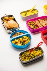 group of Lunch Box / Tiffin for Indian kids, showing variety or multiple option or combination of healthy food for your school going children