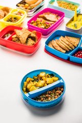 group of Lunch Box / Tiffin for Indian kids, showing variety or multiple option or combination of healthy food for your school going children