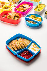 group of Lunch Box / Tiffin for Indian kids, showing variety or multiple option or combination of healthy food for your school going children