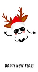 New Year or Christmas card. Funny cartoon cheerful character on a white background. Winter holidays. Santa claus or deer antler costume.