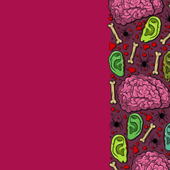 Vector horror pattern with creepy brain, ears, bones, spiders for scary design, print, poster, cover, sticker, packing. Spooky illustration for horror festival, party invitation, Halloween design.