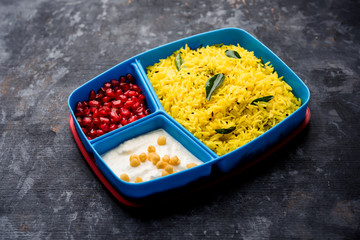 Lunch Box / Tiffin for Indian kids, contains lemon rice, nahi-boondi and pomegranate or Anar. selective focus