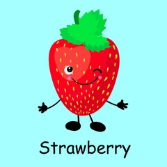 Berry strawberry character. Card for the study of fruits and berries for children..