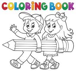 Coloring book children holding pencil