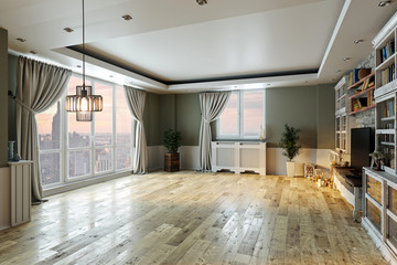 empty interior design living room. balcony with large windows. Scandinavian style. TV unit and library. 3D rendering