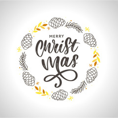 hand drawn ink Christmas wreath with bump, fir branches, Christmas decorations. design for adults, poster, print sketch vector
