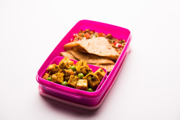 Lunch Box / Tiffin for Indian kids, hot Hot Paneer sabzi with roti / chapati, accompanied with sprouts