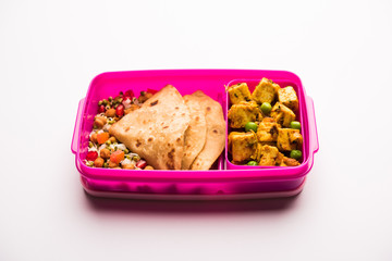 Lunch Box / Tiffin for Indian kids, hot Hot Paneer sabzi with roti / chapati, accompanied with sprouts