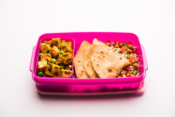 Lunch Box / Tiffin for Indian kids, hot Hot Paneer sabzi with roti / chapati, accompanied with sprouts