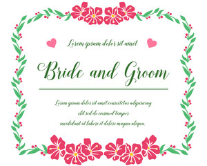 Template invitation card bride and groom, with vintage pink flower frame. Vector