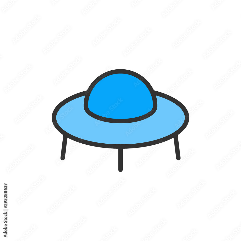 Poster vector ufo, spaceship flat color line icon.
