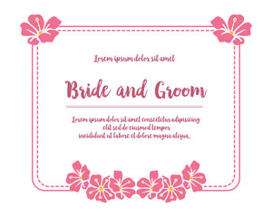 Template invitation card bride and groom, with vintage pink flower frame. Vector