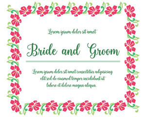 Template invitation card bride and groom, with vintage pink flower frame. Vector