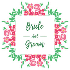 Romantic wedding card for bride and groom on white background, wallpaper of pink flower frame. Vector