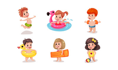 Set Of Vector Illustrations With Children On Resort Beach Vacation