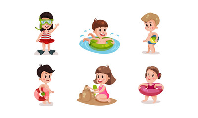 Set Of Vector Illustrations With Children On The Resort Beach Condition