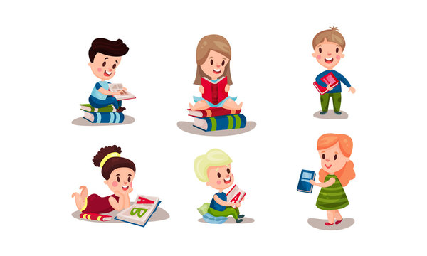 Set Of Six Vector Illustrations With Various Positions Of Children Reading Books