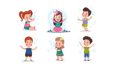 Set Of Six Vector Illustrations With Children Having Fan With Bubble Blower