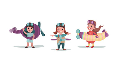 Set Of Vector Illustrations With Boys Playing With Airlanes Models Worn By Them