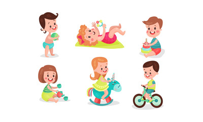 Four Girls And Two Boys Playing Having Fan With Various Toys Vector Illistrations Set