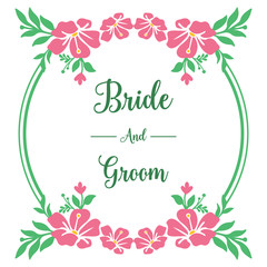 Marriage invitation card of bride and groom, with pink flower frame background and green leaves. Vector