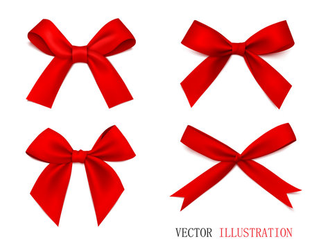 Set of red gift bows with ribbons. Vector illustration.