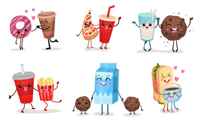 Illustration Set With Cartoon Emoticon Funny Fast Food Characters Isolated On White Background