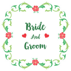 Vintage greeting card of bride and groom, with graphic pattern of pink wreath frame. Vector