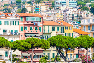 Fototapeta premium Vibrant buildings, medieval Old Town architecture of Sanremo with vivid green growing pines on foreground