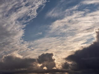 Dark dramatic cloudy sky natural background.