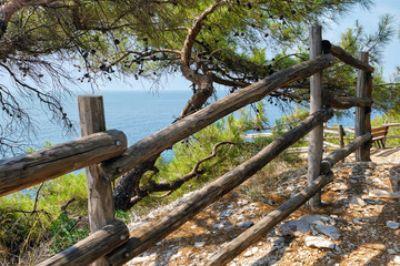 Amazing view to Aegean sea and the coastline from the Ruins in Archaeological site of Aliki, Thassos island, East Macedonia and Thrace, Greece