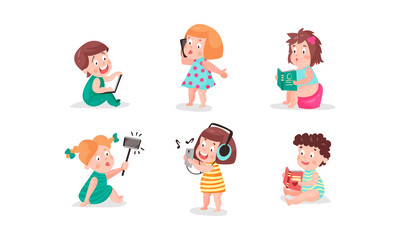 Set Of Six Vector Illustrations Of Children With Adult Affairs