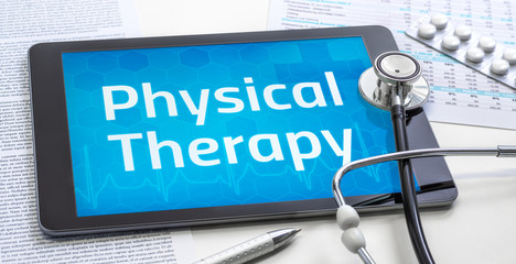 The word Physical Therapy on the display of a tablet