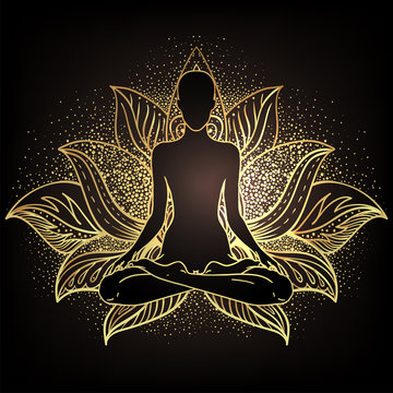 Chakra concept. Inner love, light and peace. Buddha silhouette in lotus position over ornate mandala. Vector illustration in gold  isolated. Buddhism esoteric motifs.