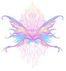 Rainbow colors butterfly over sacred geometry sign, isolated vector illustration. Tattoo sketch. Mystical symbols and insects. Alchemy, occultism, spirituality.