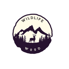 mountain, wildlife, wood with deer silhouette. Adventure / backpacker logo templates 