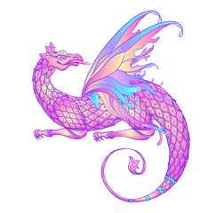 Fototapeta premium Fantasy creature dragon. Medieval Heraldic coat of arms crest shield emblem - Vector illustration for sticker, poster, banner, web, t-shirt print, pin, bag print, badge