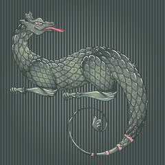 Fantasy creature dragon. Medieval Heraldic coat of arms crest shield emblem - Vector illustration for sticker, poster, banner, web, t-shirt print, pin, bag print, badge