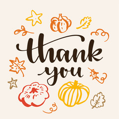 Thank you. Thanksgiving greeting card. Fall modern calligraphic hand drawn greeting card with pumpkin and leaves. Autumn colored artwork, print, artistic vector illustration