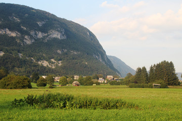 Stara Fuzina village and lake Bohinj terrain