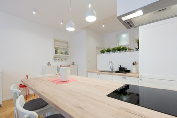Interior of a open plan apartment, living room, kitchen, dining area