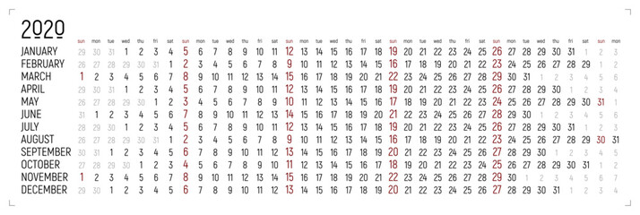 English creative calendar 2020 - linear simple design, horizontal grid. Black background and white numbers, red holidays - sundays. Editable template.