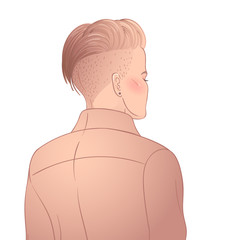 Portrait of a young pretty woman with short shaved pixie undercut. Rainbow LGBT symbols as pins or patches on her back. Vector illustration isolated.